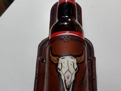 Beer Holster With a Swivel Clip , Custom, Full Grain Leather, Hand tooled, Hand Made in the Okanagan, Oliver, B.C., Canada