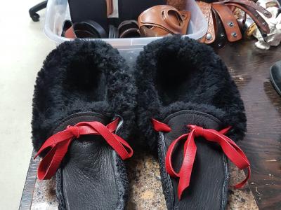 Sheep and deer skin Moccasins, Custom, Full Grain Leather, Hand tooled, Hand made in the Okanagan, Oliver, B.C., Canada.