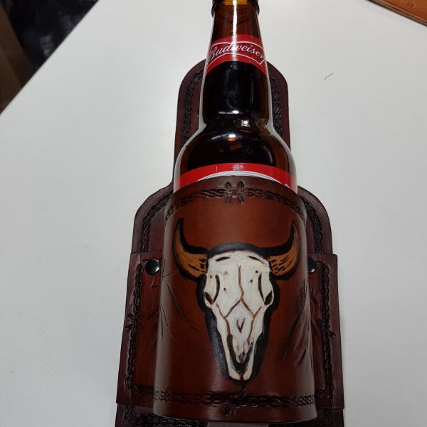 Beer Holster With a Swivel Clip , Custom, Full Grain Leather, Hand tooled, Hand Made in the Okanagan, Oliver, B.C., Canada