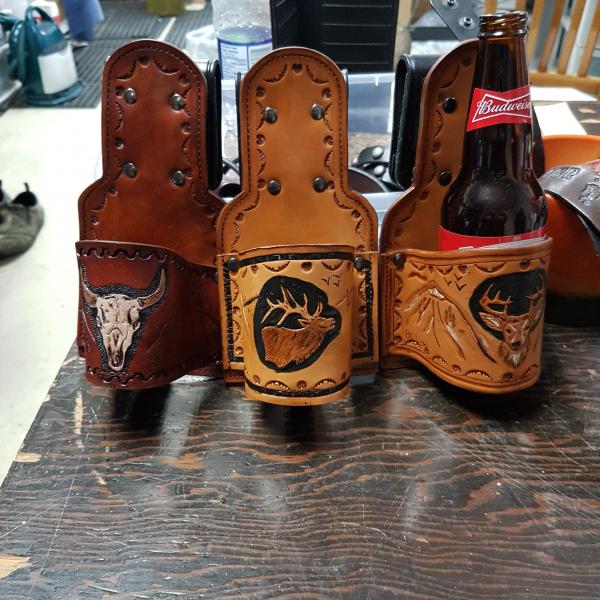 Beer Holster With a Swivel Clip , Custom, Full Grain Leather, Hand tooled, Hand Made in the Okanagan, Oliver, B.C., Canada