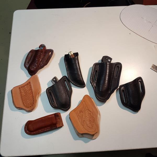 Knife Sheath Pancake Style With Quick Draw, Custom, Full Grain Leather, Hand tooled, Hand made in the Okanagan, Oliver, B.C., Canada.