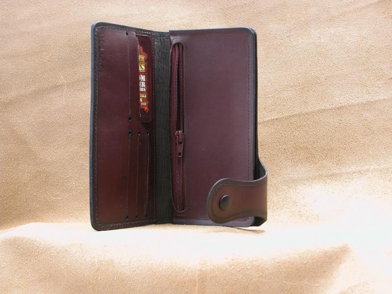 Open, Wallet Clutch Style, Ox Blood Colour, Custom, French Full Grain Leather, Hand tooled, Hand Made in the Okanagan, Oliver, B.C., Canada.